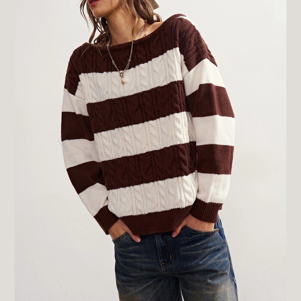 Brown / White Striped Cable Knit Off The Shoulder Loose Sweater
